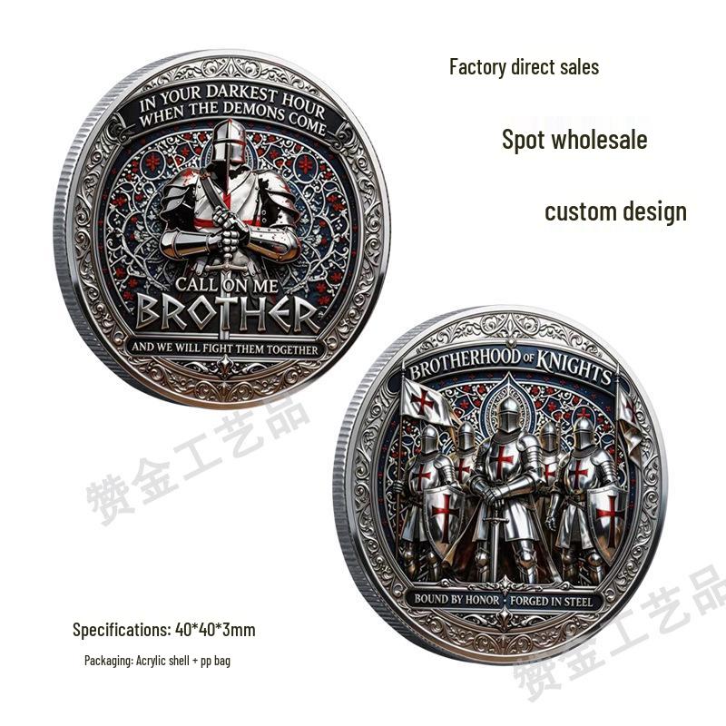 Crusader Knight 3D Metal Challenge Coin - Commemorative Relief Medal for Cross-border Trade 40x40x3mm серебряный