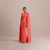 Women Coral Orange Round Neck Cape Sleeve Maxi Dress Plus Size Slim Fit Bodycon Elegant Formal Evening Prom Party Wedding Guest Gown