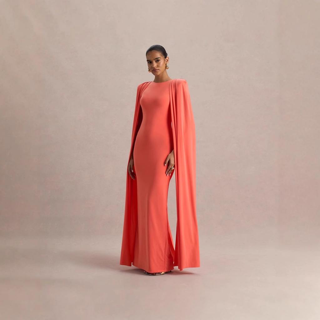 Women Coral Orange Round Neck Cape Sleeve Maxi Dress Plus Size Slim Fit Bodycon Elegant Formal Evening Prom Party Wedding Guest Gown