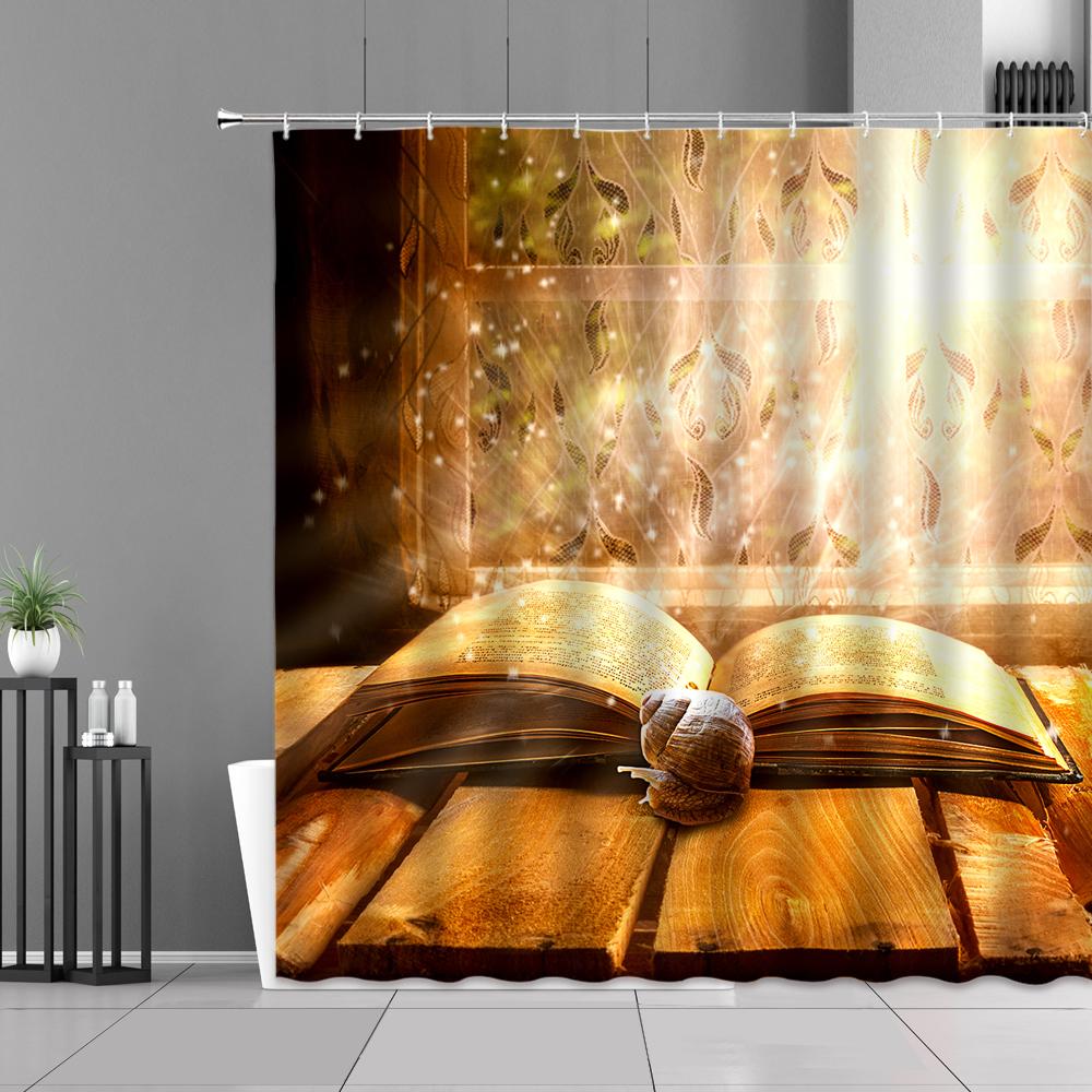 Library Old Wooden Booksheld Shower Curtain Magic Book Design Bath Curtain Study Room Temple Decoration Bathroom Decor Screens