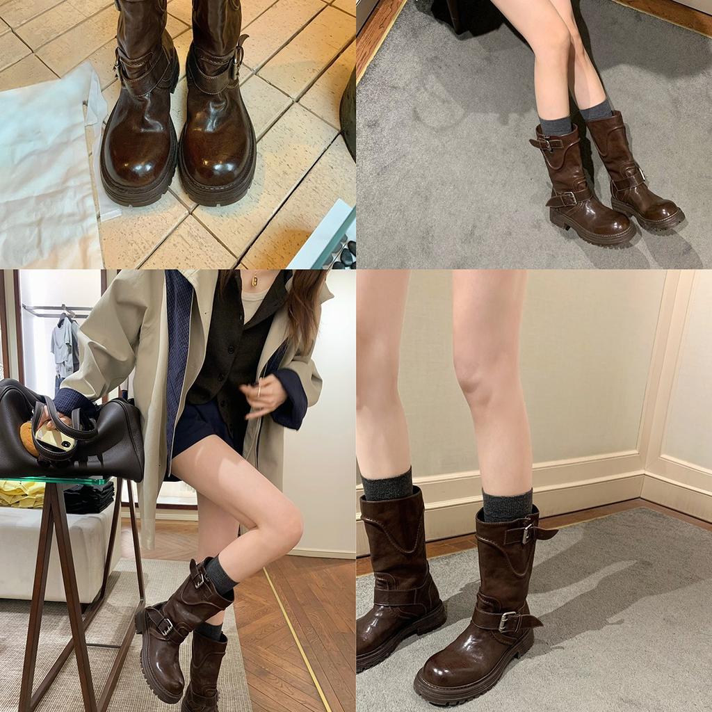 Leather Version Grape Ma Same Washed Horse Leather Kusa Round Head Buckle with Thick-soled Knight Boots Women's Medium Motorcycle Boots