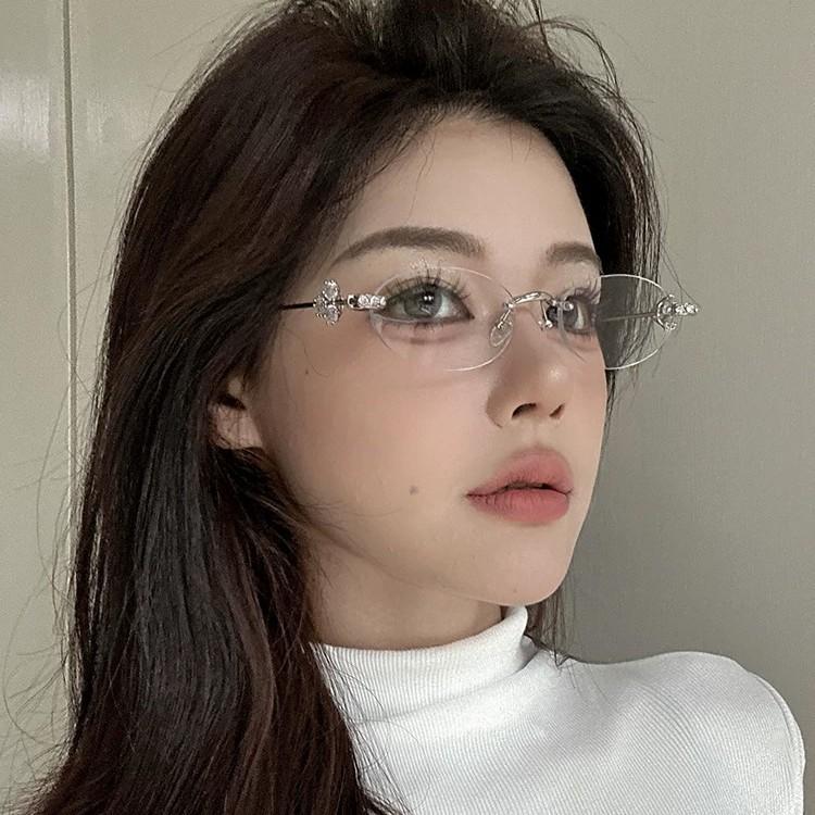 Penne Jewelry Diamond Rimless Glasses Women's Oval Advanced Sensitive Flat Lenses Degree Myopia Eye Holder
