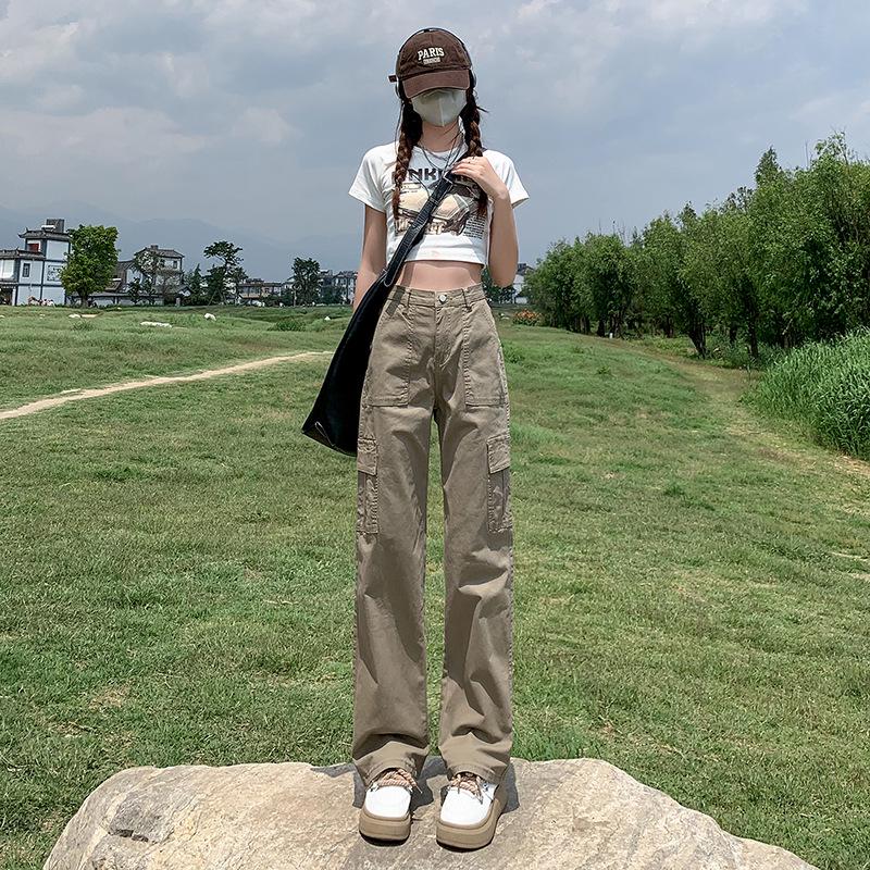 Khaki Slim-Fit High-Waisted Cargo Pants for Women - Autumn/Winter American Retro Style