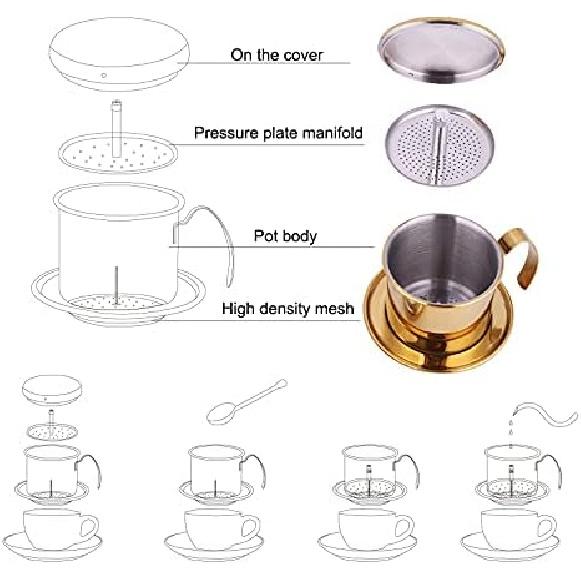 Stainless Steel Drip Coffee Filter Maker Vietnamese Drip Coffee Pot Infuser Ideal for on the/home (Gold)
