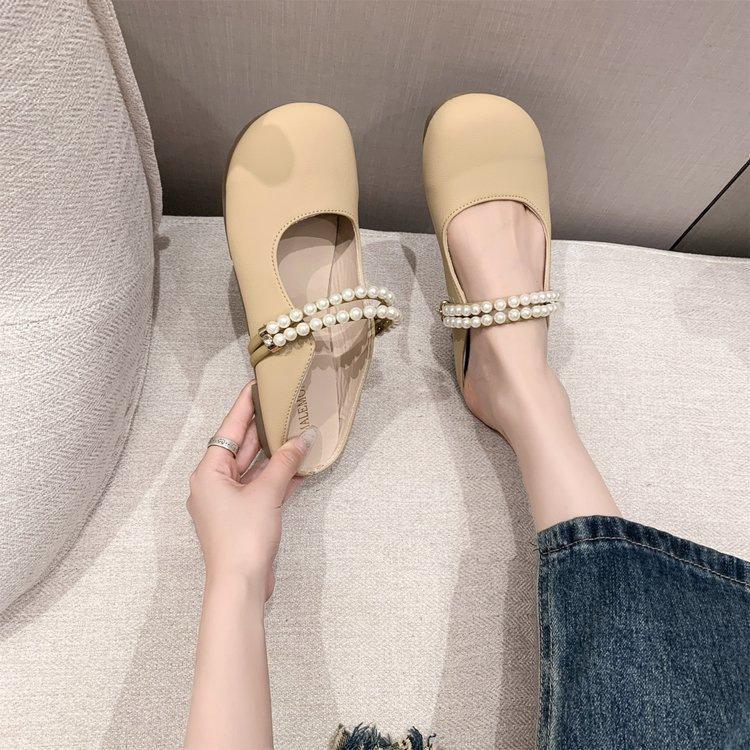 Baotou half slippers women's summer wear 2025 new flat Mary Jane single shoes pearl one pedal Muller sandals