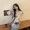 French Floral Square Collar Shirt Female Elegant Design Sense Niche Bubble Sleeve Slim Tops Vintage Pleated Spring Collarbone Blouse