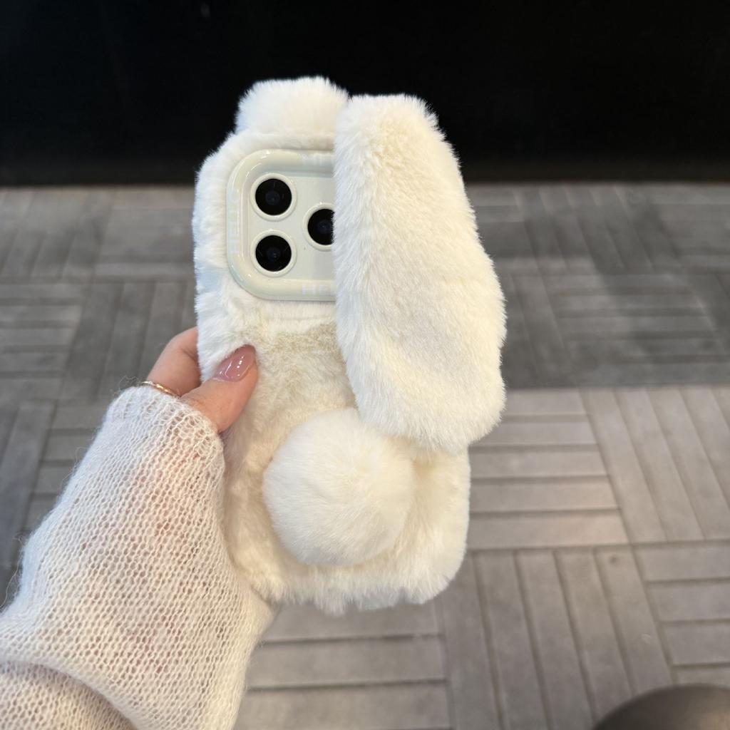 Cute Rabbit Plush Long Ears Suitable for iPhone 17 Pro Max Phone Case, iPhone 16 Solid Color, 15 Female, 14/13
