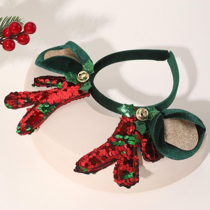Christmas Sequined Reindeer Antler Bells Hairband Soft Fabric Headpiece For Kids Adults Holiday Party Accessory