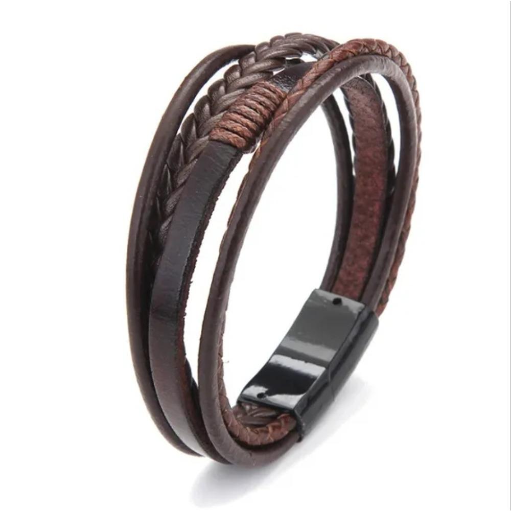Кожаный плетеный браслет коричневый