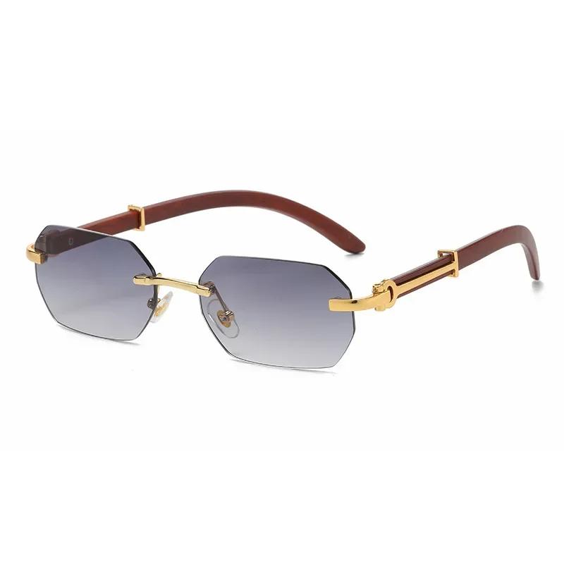 Stylish Rimless Sunglasses for Men Women Frameless Rectangle Wood Frame Sun Eyeglasses Vintage Retro Shades Summer Traveling Glasses UV400