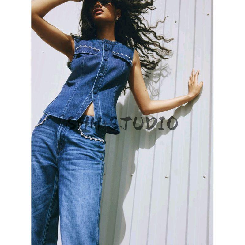 New Fall Women's Clothing Minimalist Slim-Fit round Neck Sleeveless Flared Denim Vest 1305453
