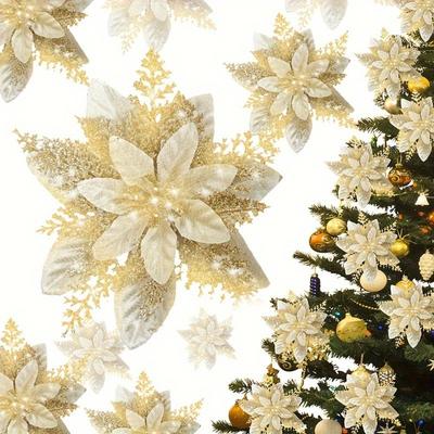 20 Stück/Set Glänzende Weihnachtsbaumdekorationen:Künstliche Weihnachtssterne mit Clips, Bougainvillea-Ornamente für Weihnachten