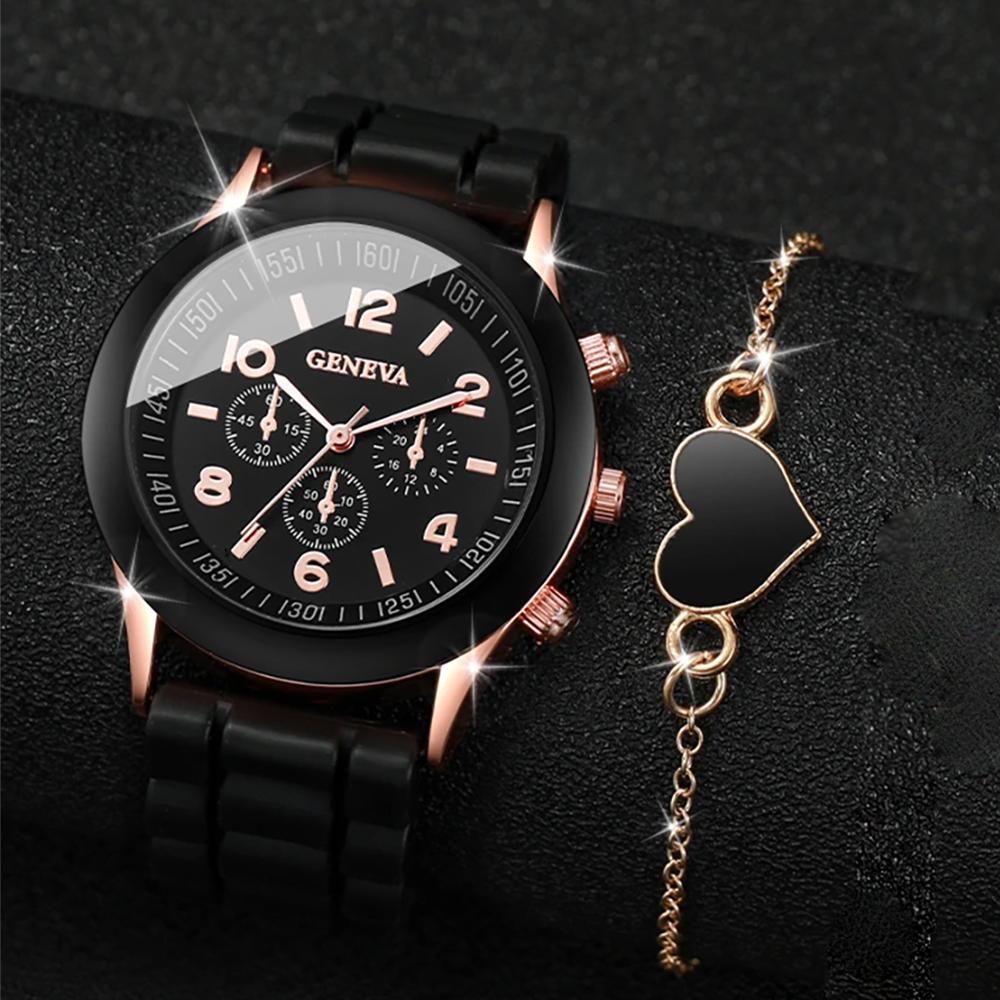 2pcs/set Geneva Watch Fashion Silicone Band Women Quartz Watches Heart Jewelry Set(Without Box)