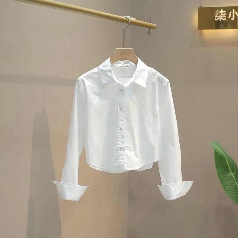 

Women s Cropped White Shirt Casual Loose Cuff Button-Down Blouse S білий