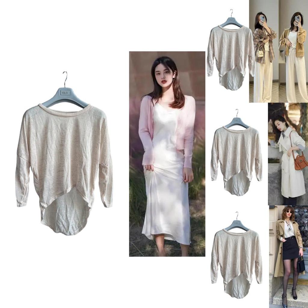 Cotton Long Sleeve Loose Fit T Shirt For Women With Curved Hem Casual Top