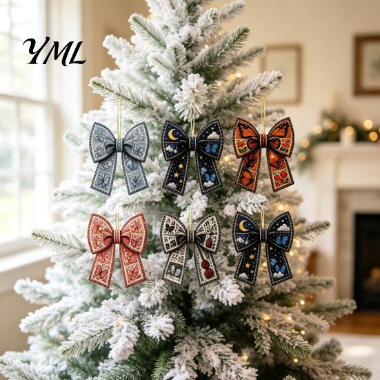 Acrylic Holiday Tree Pendants 24Pcs Christmas Advent Calendar with Retro 2D Flat Bow Ornaments, Decorative Romantic Home Decor Accents Countdown