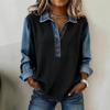New Washed Denim Patchwork Lapel Loose Ribbed Sweatshirt, European American Style Casual Top for Crossborder Wear