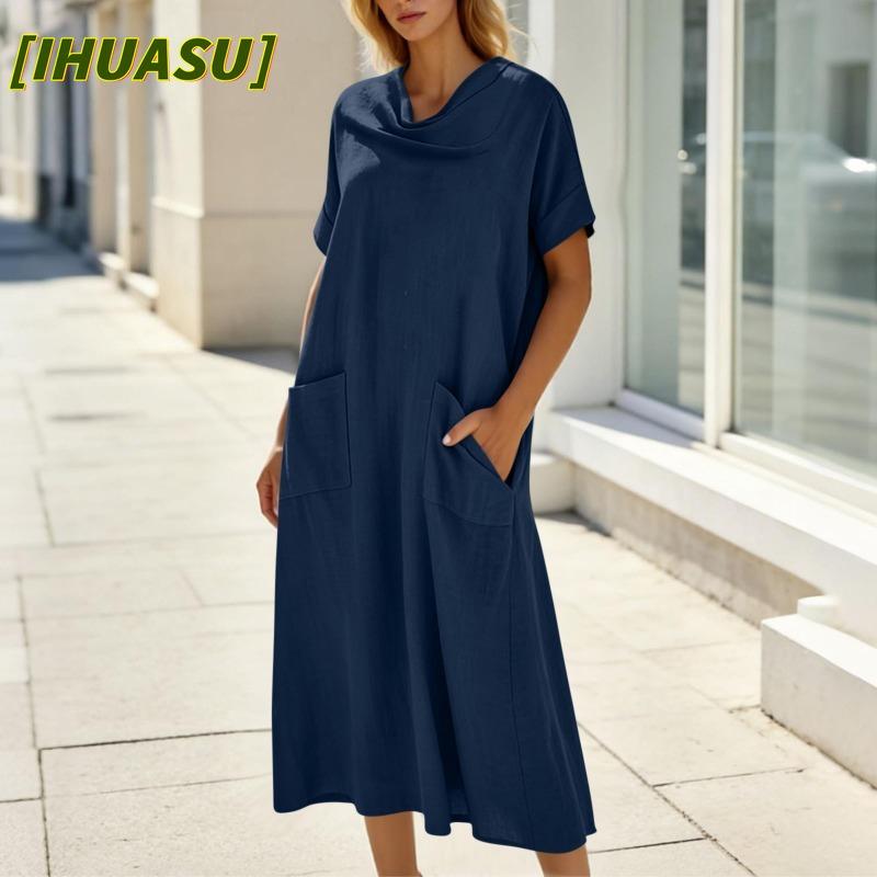 IHUASU Abiti casual da donna a maniche corte con scollo a V, tinta unita o stampati, per estate e primavera