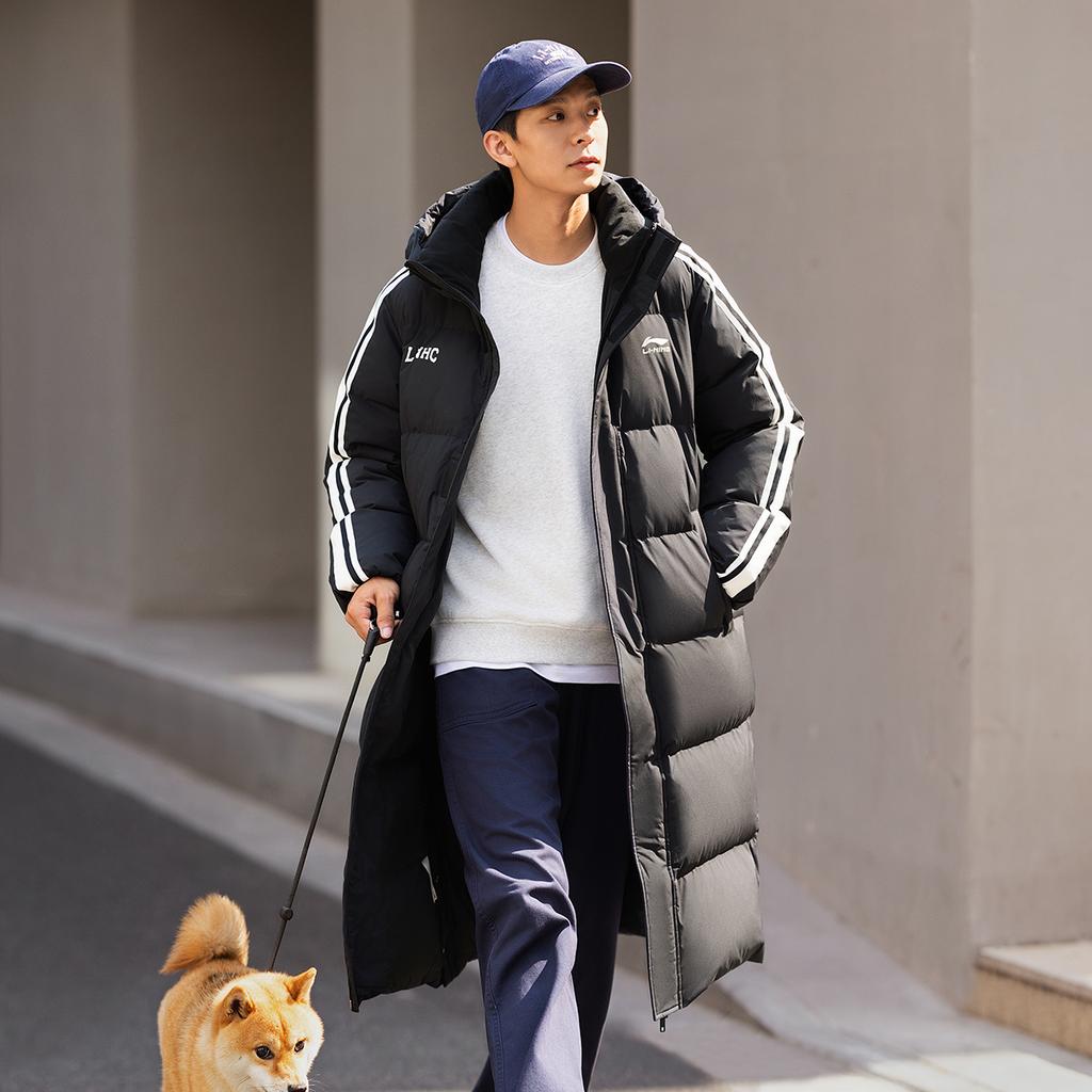 Li Ning Hot Pot Down Series Water-Repellent Far-Infrared Warm Hooded Zipper Outdoor Casual Winter Long Down Jacket Men outerwear Black AYMU449-4