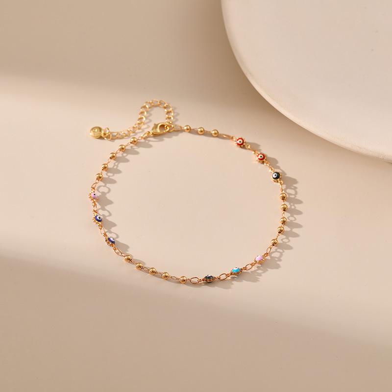 Women 18k Gold Plated Dripping Oil Colored Eye Round Bead Foot Anklet