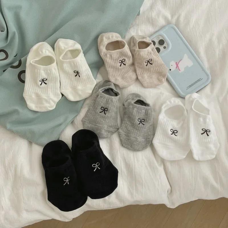 5 Pairs Women Ankle Socks Summer Bow Print Breathable Non-Slip Stay-Up Heel Trendy Korean Style  Fashion Casual Socks