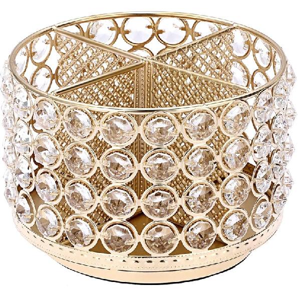 BTSKY Crystal 360 Degree Rotating Desk Organizer Decorative Storage Box with 4 Compartments, Glitter Metal Makeup Brush Holder Elegant Storage Caddy