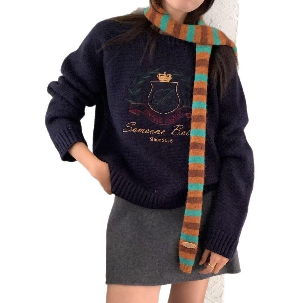 Black Grey Stripe Women Long Scarves Cotton Slim Decorative Neckerchief Knitted Warm Neck Y2K Girl Scarf Fashion Streetwear