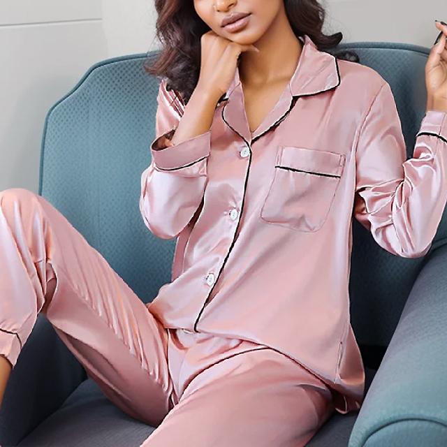 Plus Size Fall and Winter Silk Satin Women Pajamas Set Button down Top & Trousers 2 PCS Set Sleepwear Solid Nightwear Loungewear