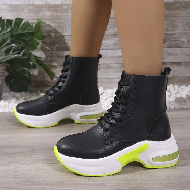 Women's Fashion Color Blocked Lace Up Thick Sole Casual Short Boots  Autumn New Comfortable Versatile Wedge Heel Ankle Boots