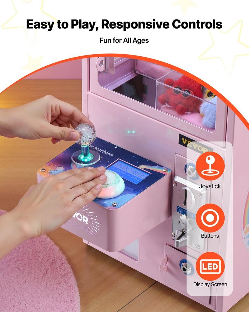 Claw Crane Machine, Medium-Sized Arcade Game Machine with Light & Sound, Adjustable Steel Claws, Precise Toy Candy Grabber Prize Dispenser Vending