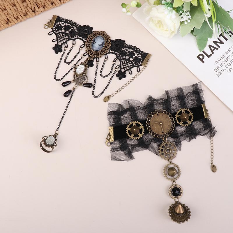 Model Gothic Steampunk Lace Cuff Arm Bracelet With Ring Black Accessories For Woman Gifts