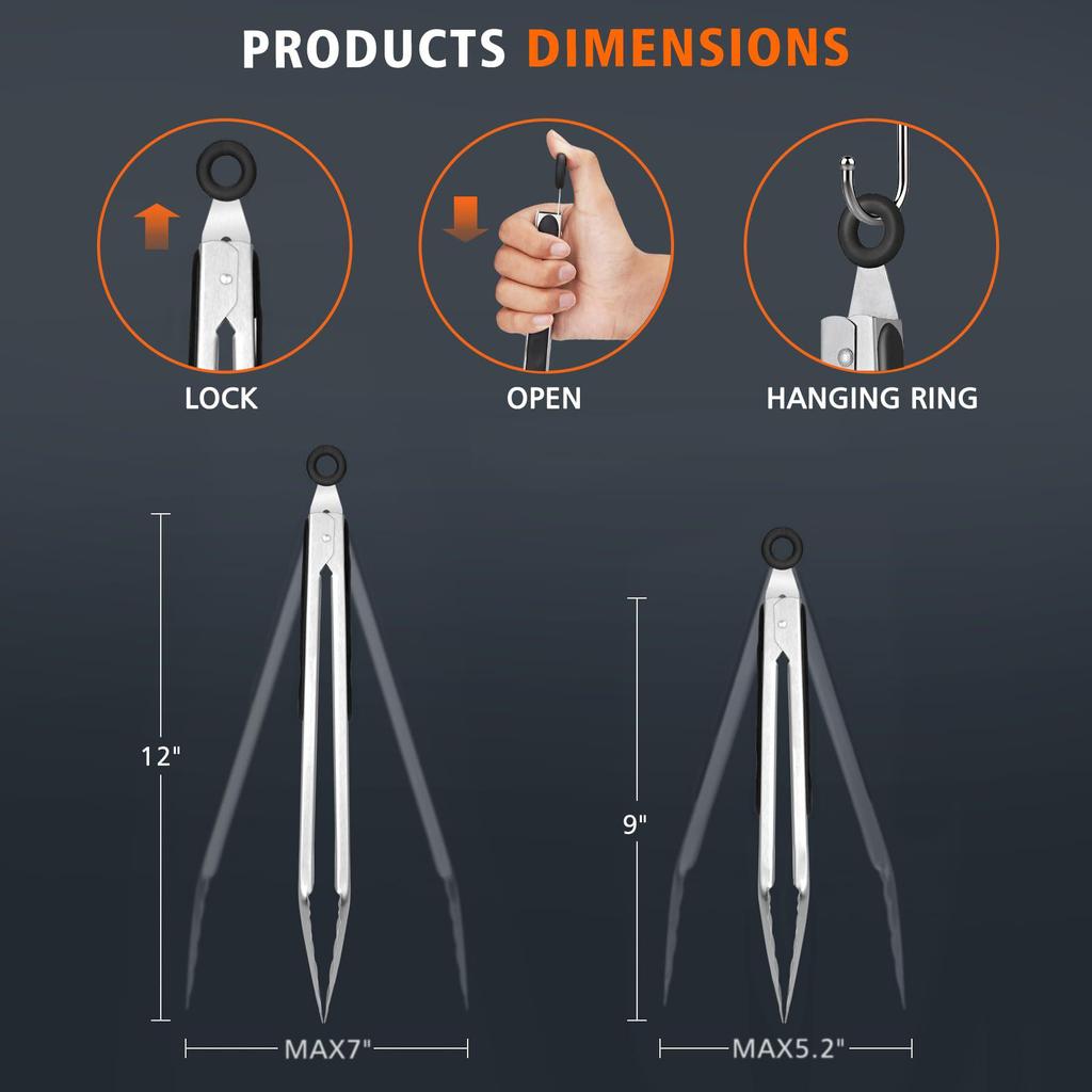Silicone & Stainless Steel High-Temp Resistant Food Tongs, 9" & 12" BBQ & Bread Tongs