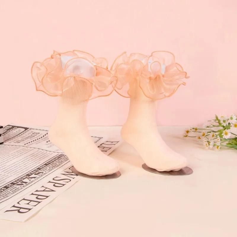 Girls Puffy Lace Socks Kids Combed Cotton Ruffled Trim Solid Ankle Socks Baby Girl Skirt Outfit Accessories