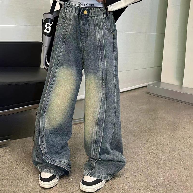 Teenage Girls Pants Fashion Spliced Design Floor Jeans Trousers Kids Wide-leg Denim Pants for 6 8 10 12 14Years Children Bottoms