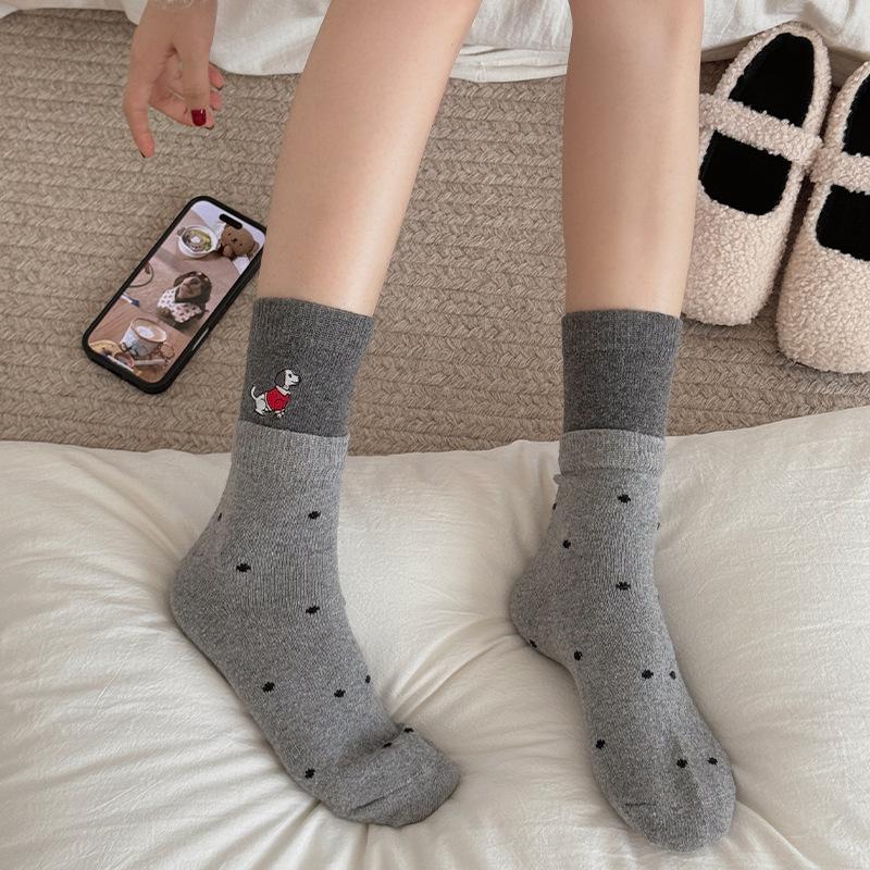 Ladies Autumn Winter Thickened Cartoon Embroidered Striped Cloth Logo Dachshund Wool Mid Tube Socks