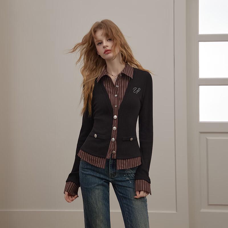 UNIFREE 2025 Autumn Preppy Faux Two-Piece Striped Slim Knit Cardigan