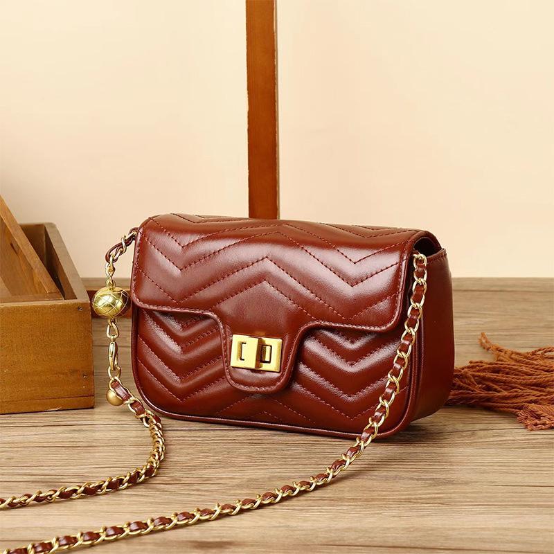 Genuine Leather Women's Bag 2025 New High-End Fashion Small Gold Ball Quilted Chain Top Layer Cowhide Single Shoulder Crossbody