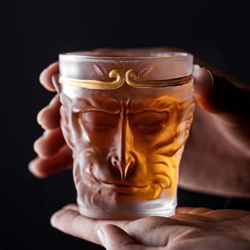 Sun Wukong Shaped Lead-Free Crystal Glass Whiskey Cup Chinese Style Transparent Frosted Drinkware Glass Mug Teacup Gift