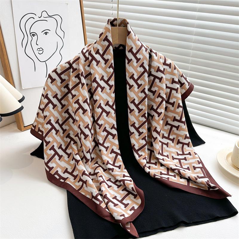 Striped Twill Silk Scarf: Large Square Shawl & Sunscreen Travel Headscarf - 90cm, Perfect for Spring & Autumn