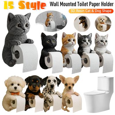 Resin Dog Toilet Paper Holder Wall Mounted Cute Cat Shape Animal Design Bathroom Paper Towel Dispenser Functional Decor Storage
