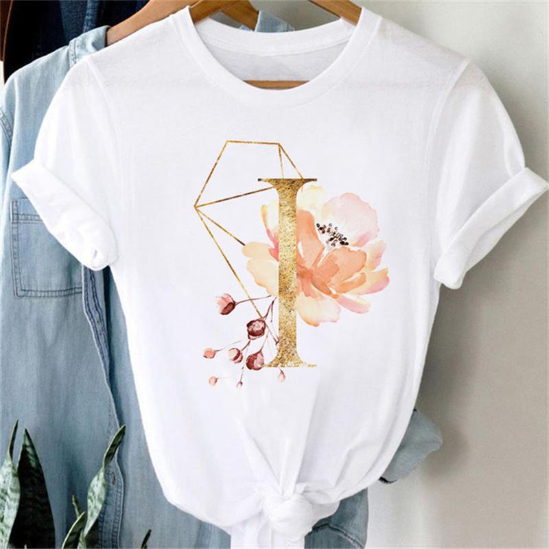 Custom Name Letter Combination Women T Shirt Floral Gold Letter Font A B C D Print Short Sleeve Tee Tops Female T-shirt Clothes