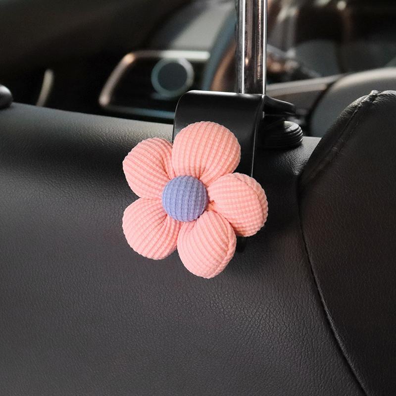 2PCS Cute Cartoon Flower Car Seat Back Hooks Storage Vehicle Headrest Organizer Hanger for Groceries Bag Handbag Auto Decor