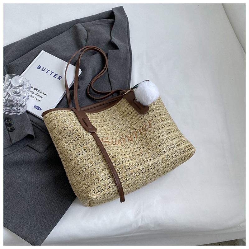 

Woven bucket bag New seaside vacation beach bag Woven tote bag Women s large-capacity shoulder bag коричневий