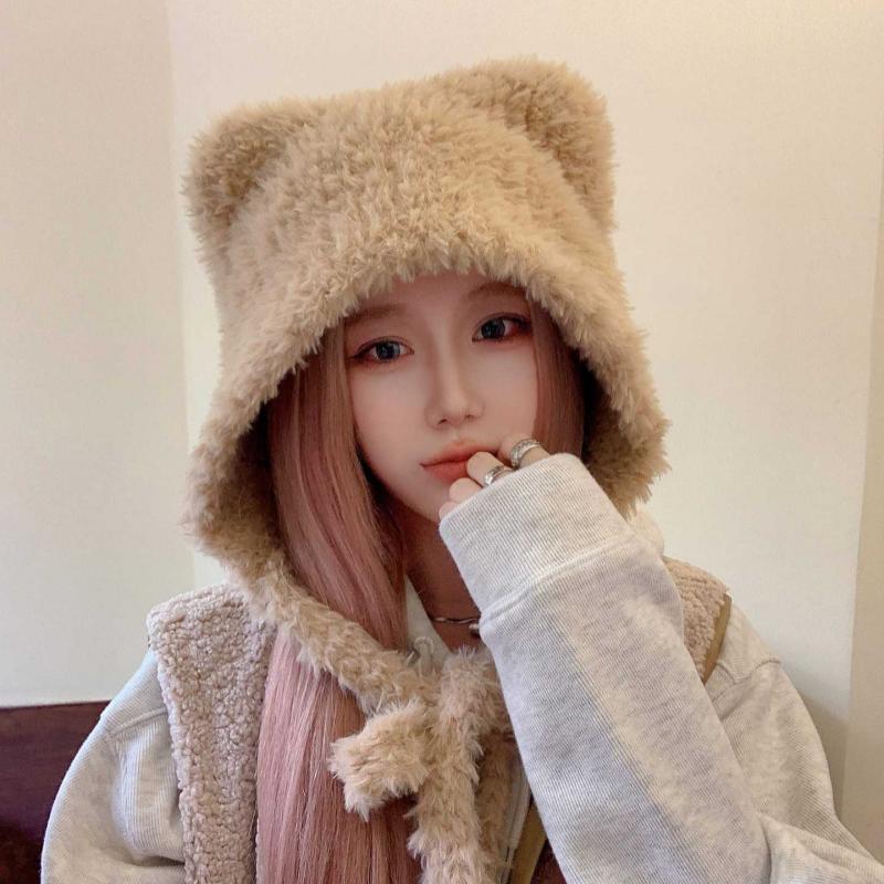 Bear Ears Woolen Knitted Hat for Women In Winter Showing Face Small Plush Cute Ear Protection Warm Big Headband Cold Hat