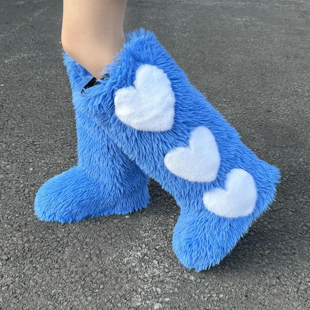 IPPEUM Knee High Fur Boots Heart 2025 New Shoes Plus Size 44 Plush Long Boots