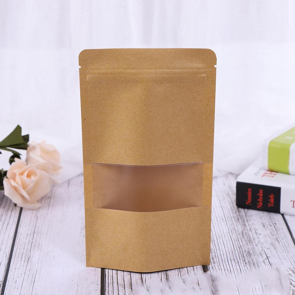 50Pcs Stand Up Pouch Bags Kraft Pouches with Tear Notch and Matte Window Re Able Zip Lock Food Storage Bags