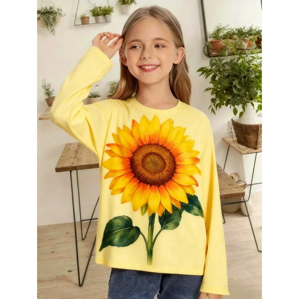 Spring and Autumn Round Neck Flower Plant Patterns 3D Printed Top Fashionable Casual Long Sleeved Children's Girl T-shirts