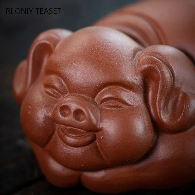 Yixing Purple Clay Tea Pet Chinese Zodiac Pig Statue Ornaments Desktop Decors Tea Figurine Crafts Handmade Tea Set Decoration