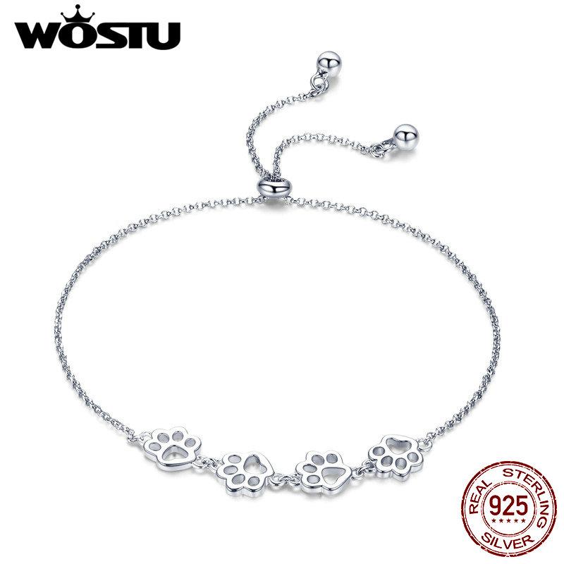 WOSTU Fashion 925 Silver Paw Trail Dog Animal Chain & Link Bracelets For Women Cute Jewelry Lucky Best Gift CQB096