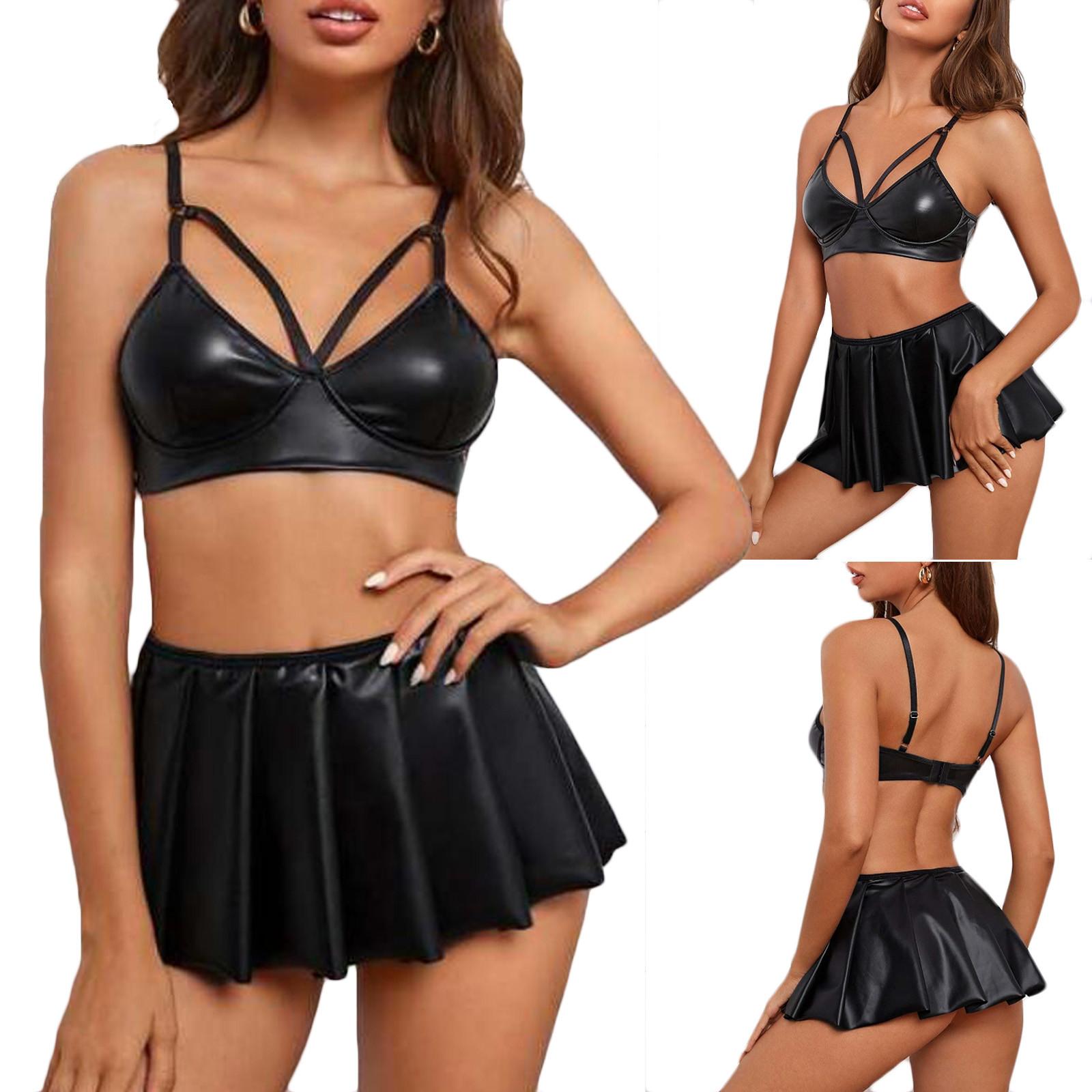 

Сексуальное нижнее белье, черный лакированный кожаный сексуальный бюстгальтер и юбка, комплект из двух предметов